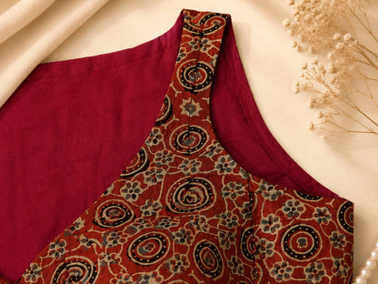 Pure Ajrakh Maroon Ethnic Printed Round Neck Sleeveless Cotton Blouse for Women