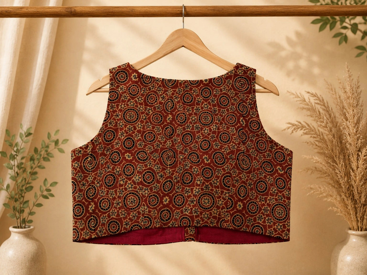 Pure Ajrakh Maroon Ethnic Printed Round Neck Sleeveless Cotton Blouse for Women