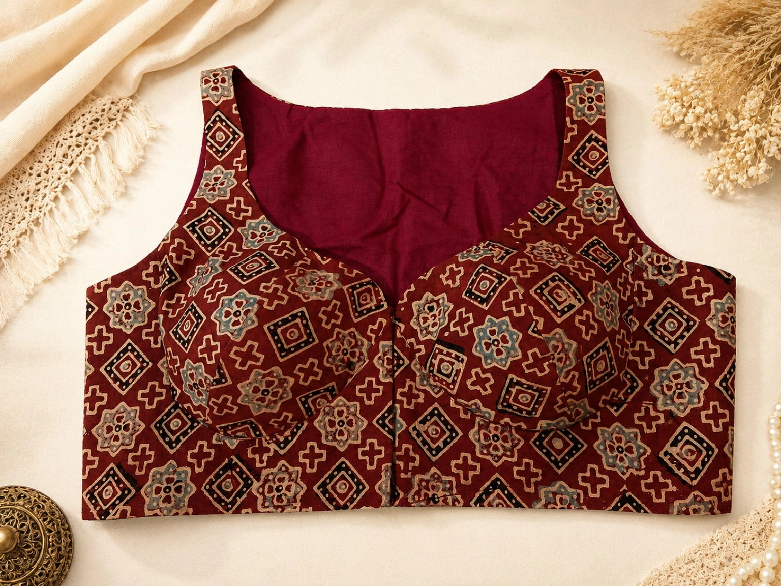Pure Ajrakh Sleeveless Cotton Blouse Maroon Hand Block Print Ethnic Blouse
