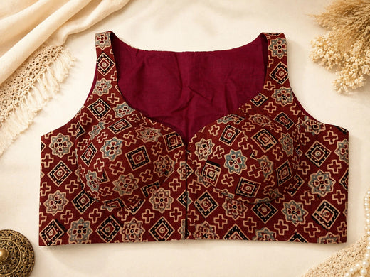 Pure Ajrakh Sleeveless Cotton Blouse Maroon Hand Block Print Ethnic Blouse