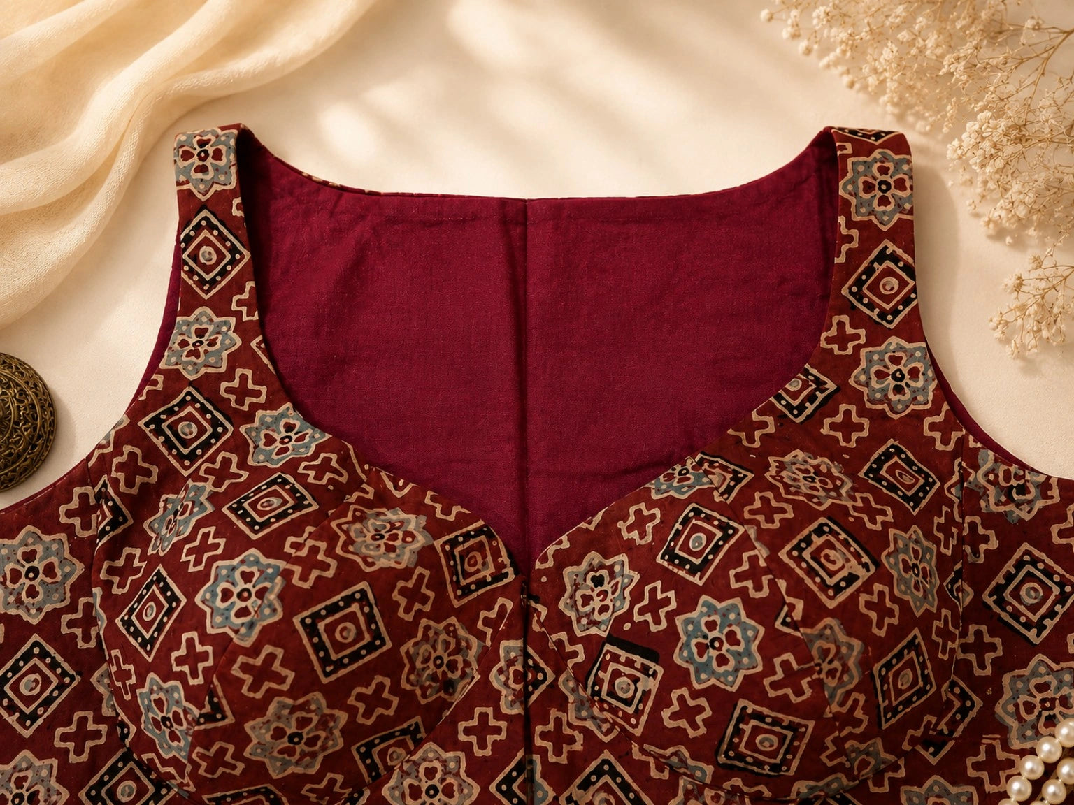 Pure Ajrakh Sleeveless Cotton Blouse Maroon Hand Block Print Ethnic Blouse
