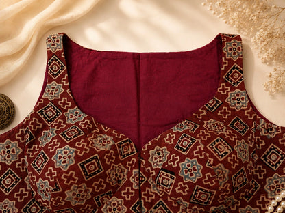 Pure Ajrakh Sleeveless Cotton Blouse Maroon Hand Block Print Ethnic Blouse