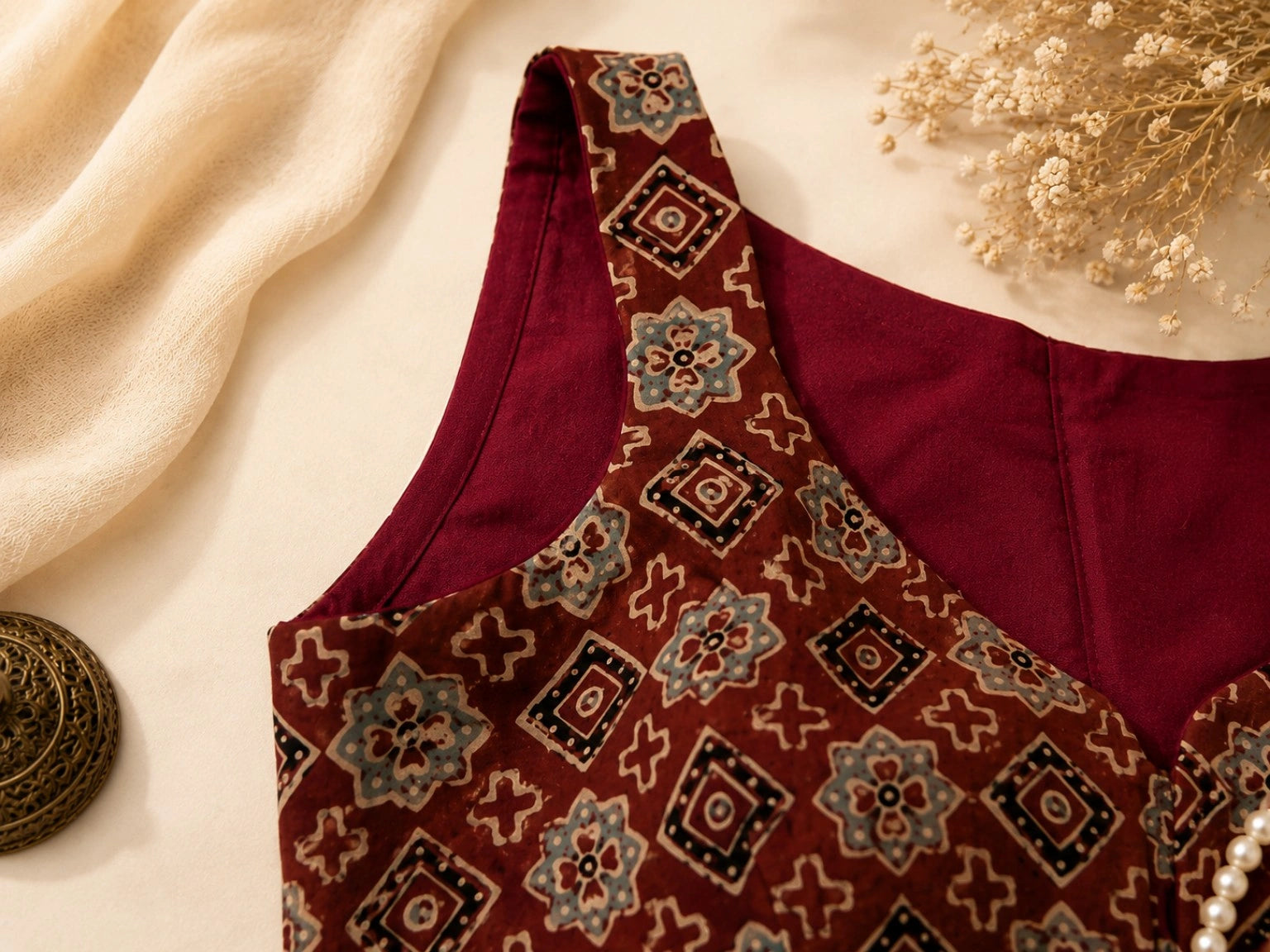 Pure Ajrakh Sleeveless Cotton Blouse Maroon Hand Block Print Ethnic Blouse