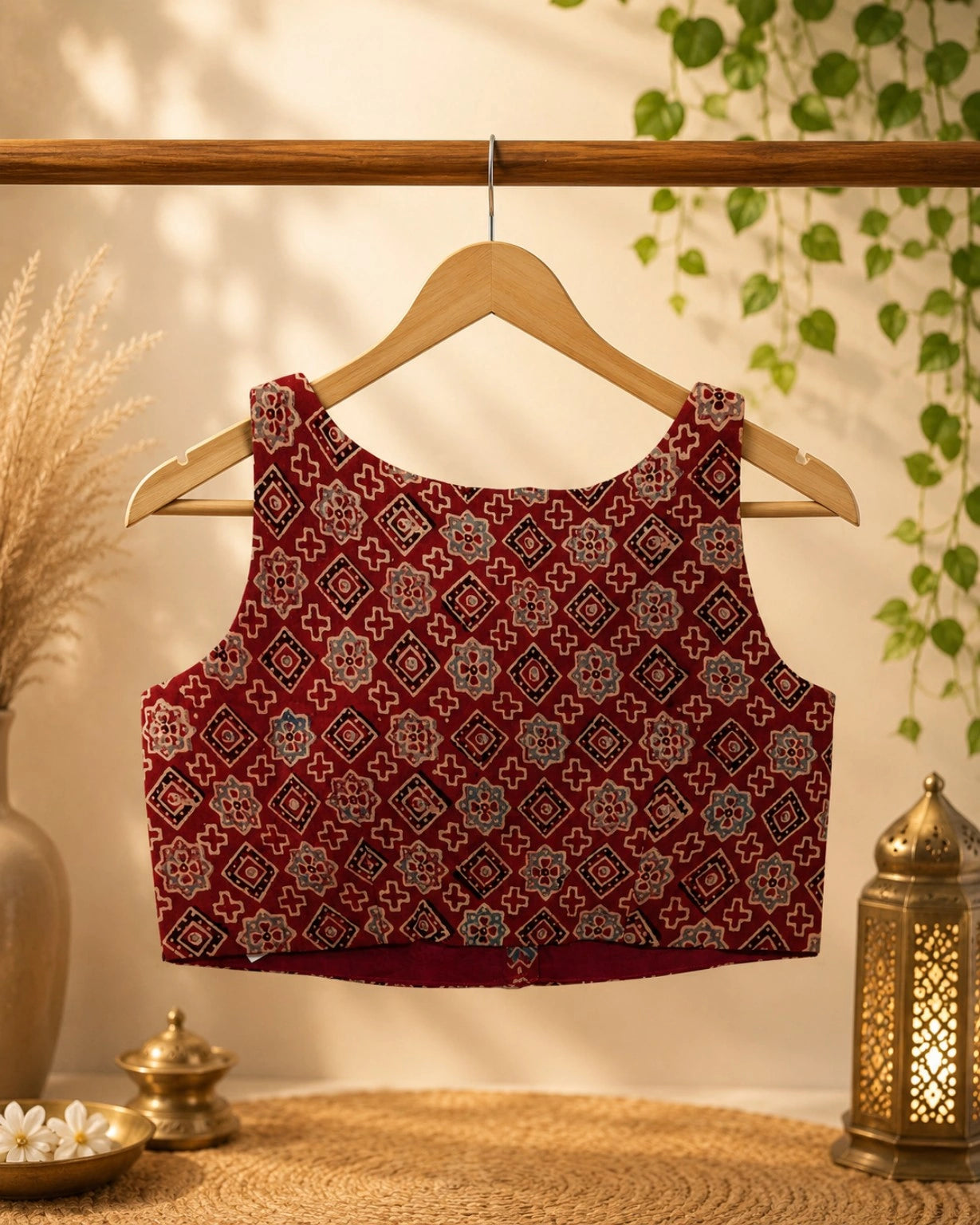 Pure Ajrakh Sleeveless Cotton Blouse Maroon Hand Block Print Ethnic Blouse