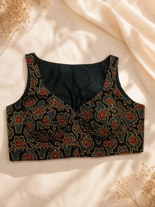 Pure Ajrakh Sleeveless Blouse Dark Green & Black Hand Block Print Ethnic Blouse
