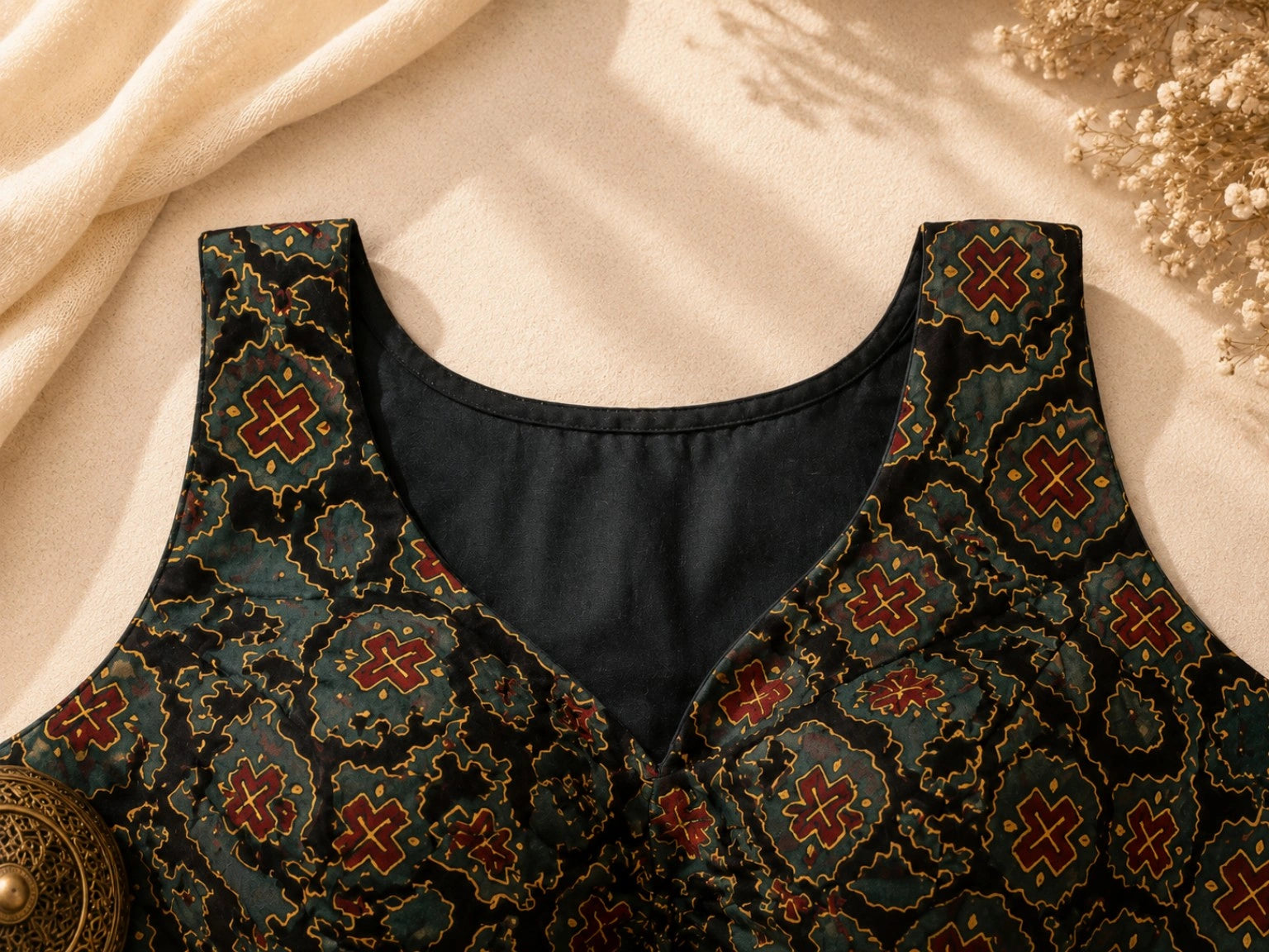Pure Ajrakh Sleeveless Blouse Dark Green & Black Hand Block Print Ethnic Blouse
