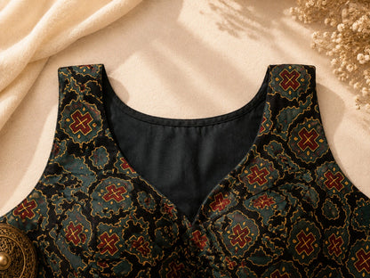 Pure Ajrakh Sleeveless Blouse Dark Green & Black Hand Block Print Ethnic Blouse