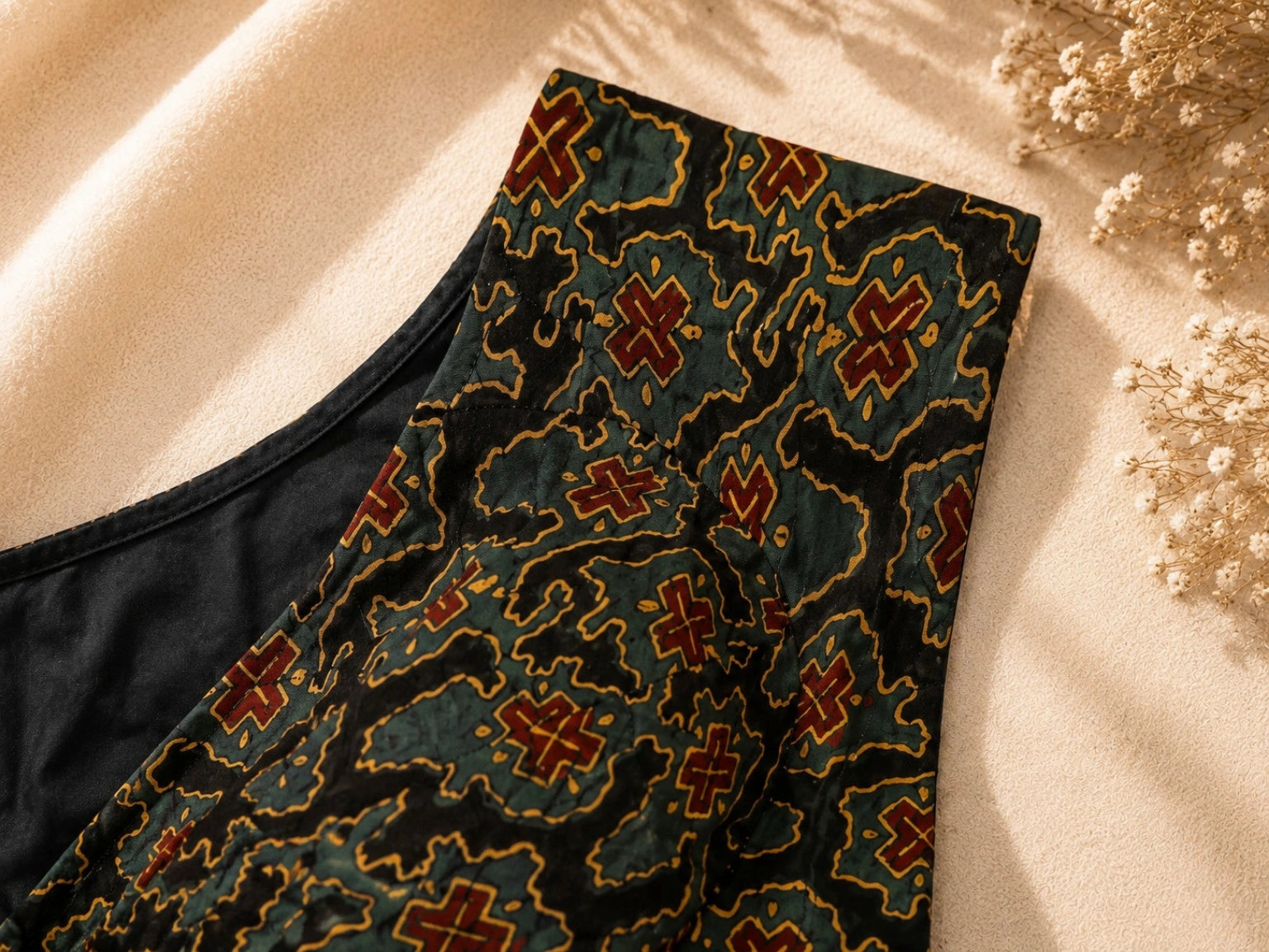 Pure Ajrakh Sleeveless Blouse Dark Green & Black Hand Block Print Ethnic Blouse