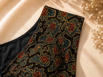Pure Ajrakh Sleeveless Blouse Dark Green & Black Hand Block Print Ethnic Blouse