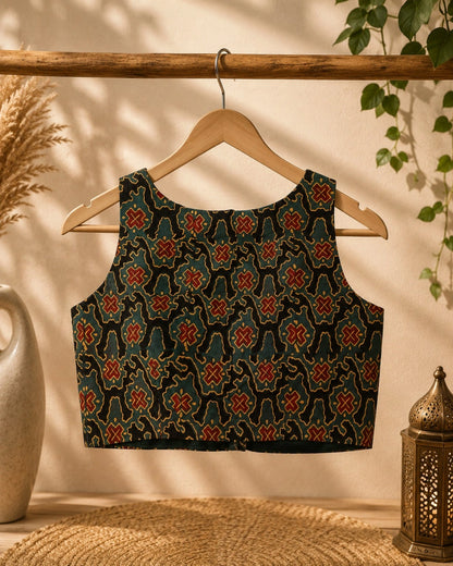 Pure Ajrakh Sleeveless Blouse Dark Green & Black Hand Block Print Ethnic Blouse