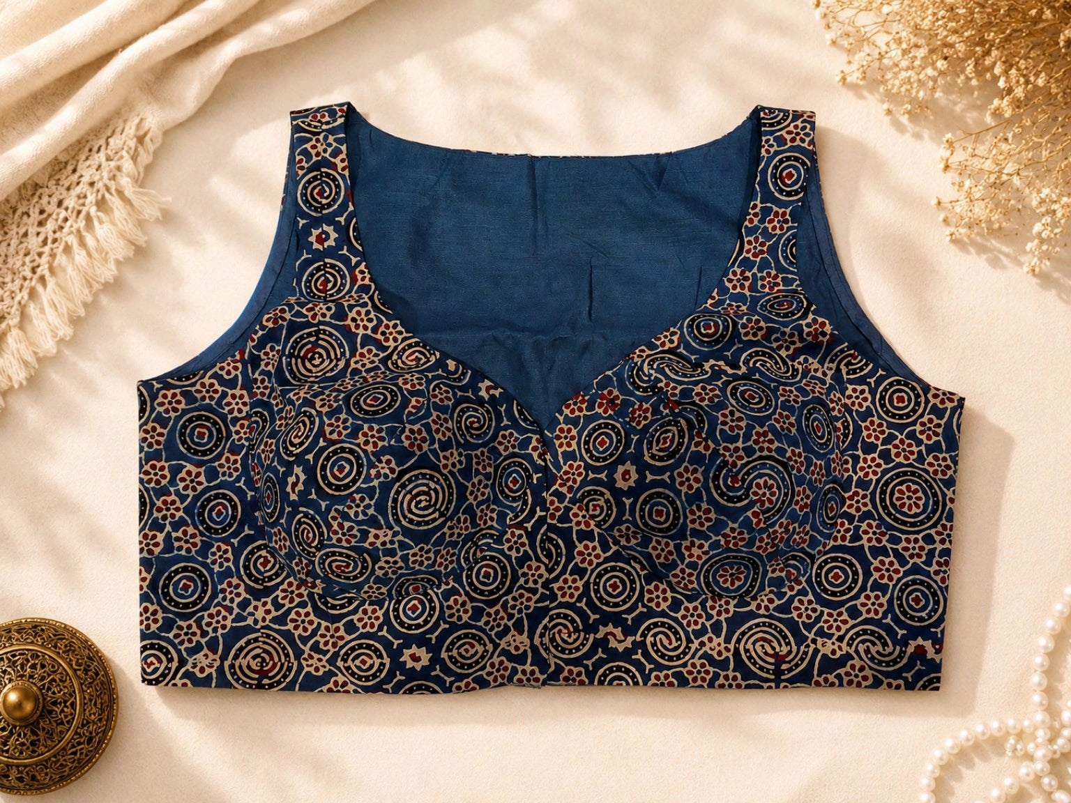 Pure Ajrakh Sleeveless Blue Cotton Blouse with Traditional Circular & Floral Hand Block Print