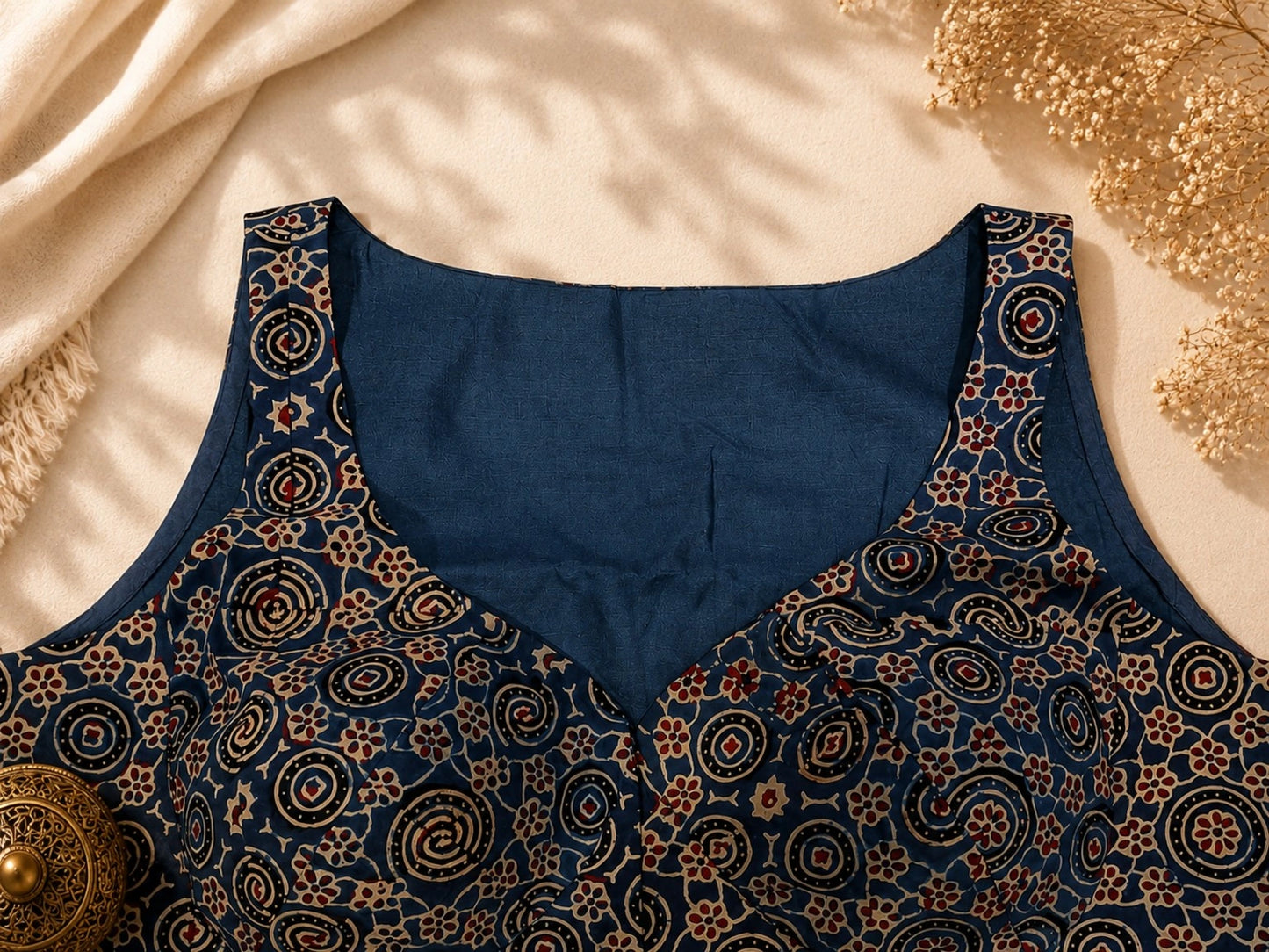Pure Ajrakh Sleeveless Blue Cotton Blouse with Traditional Circular & Floral Hand Block Print