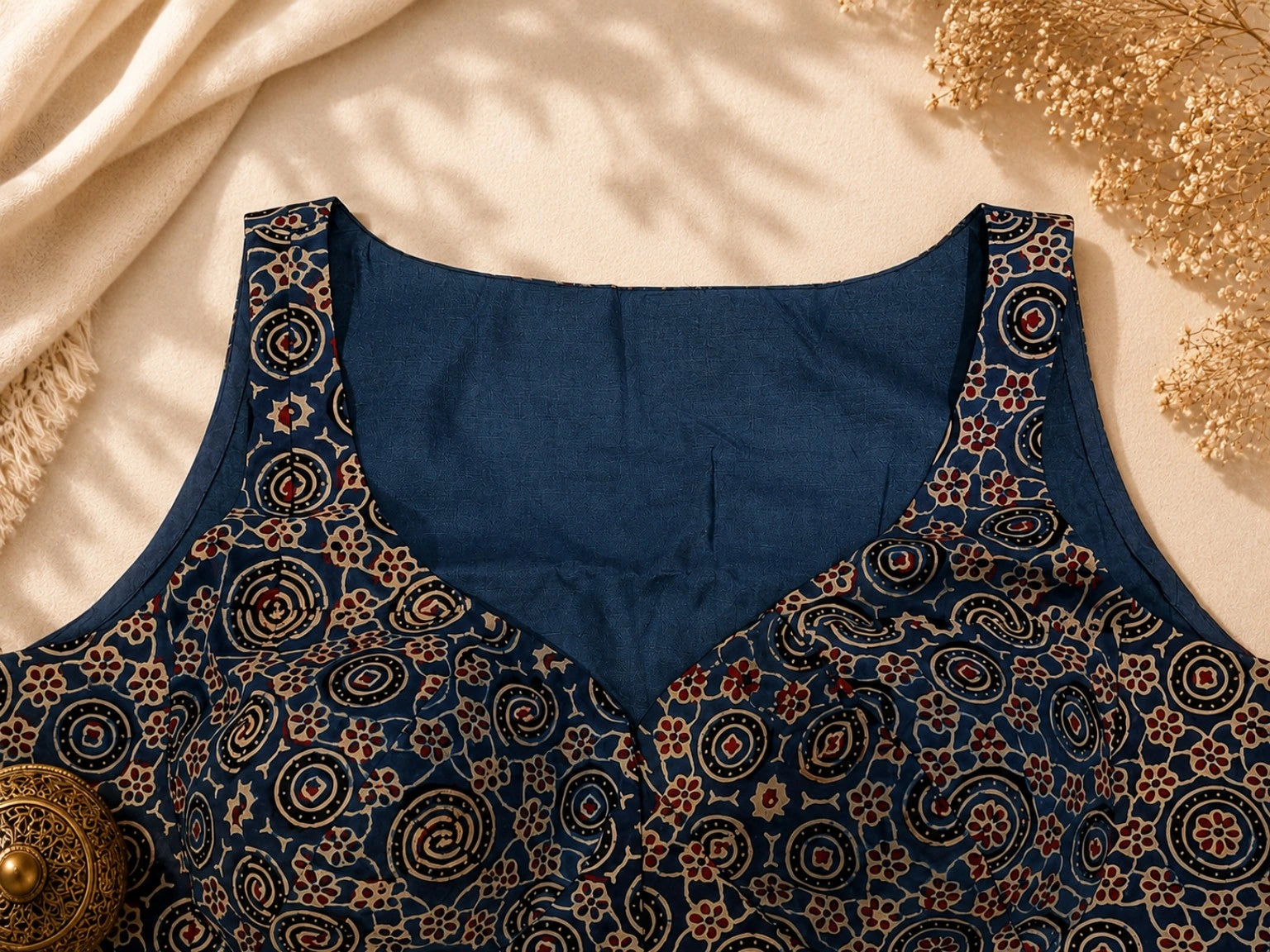 Pure Ajrakh Sleeveless Blue Cotton Blouse with Traditional Circular & Floral Hand Block Print