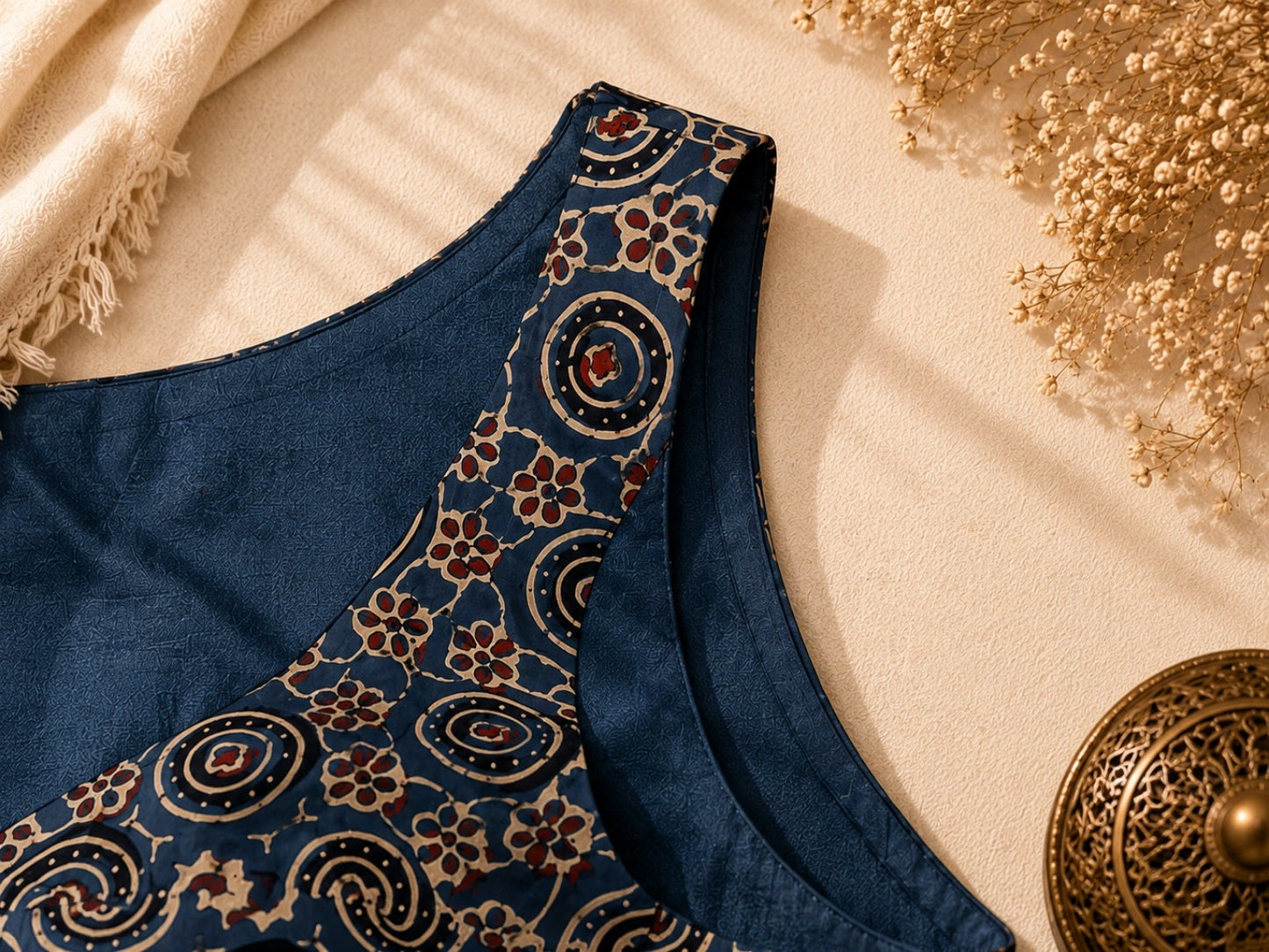 Pure Ajrakh Sleeveless Blue Cotton Blouse with Traditional Circular & Floral Hand Block Print