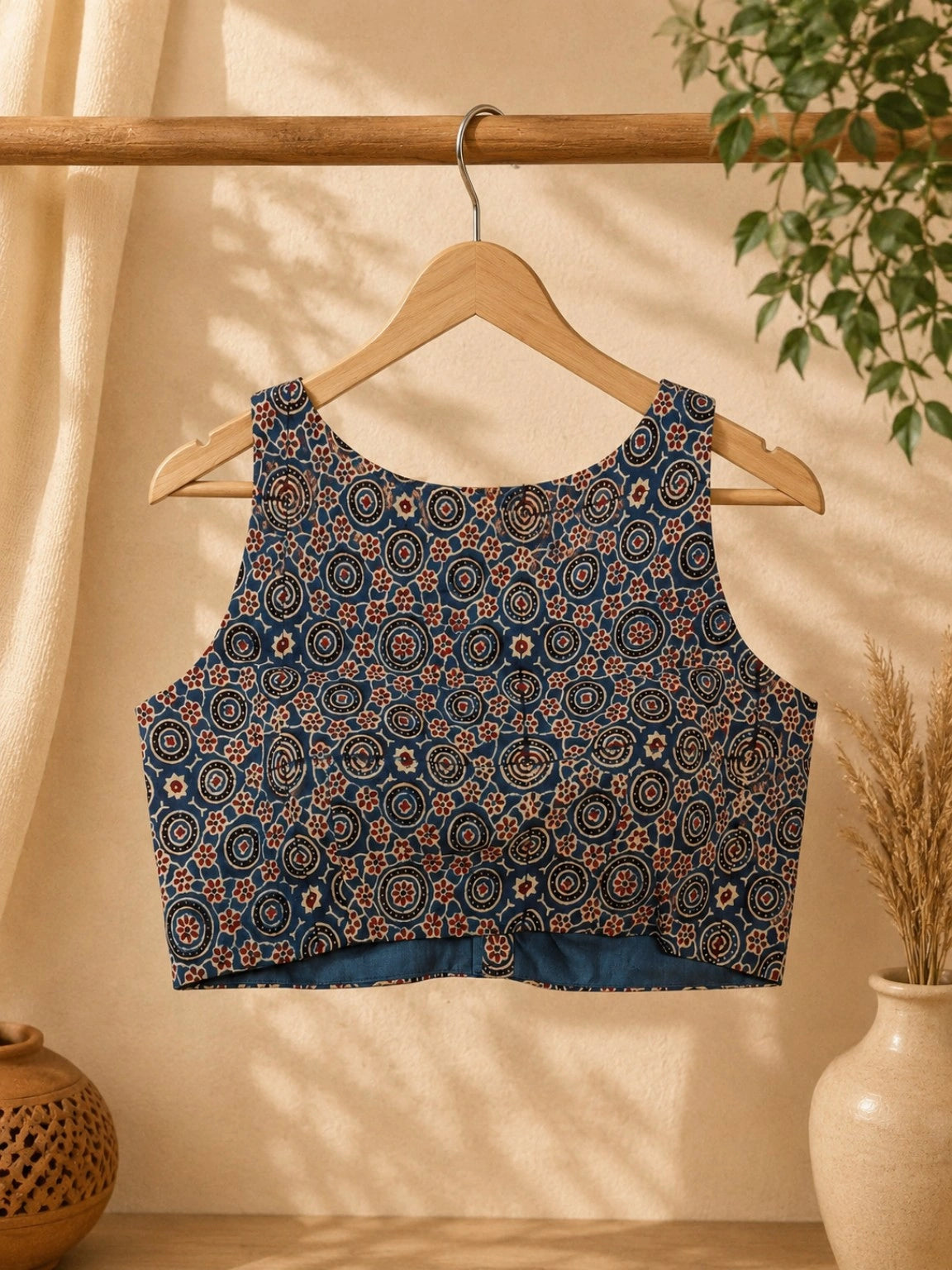 Pure Ajrakh Sleeveless Blue Cotton Blouse with Traditional Circular & Floral Hand Block Print