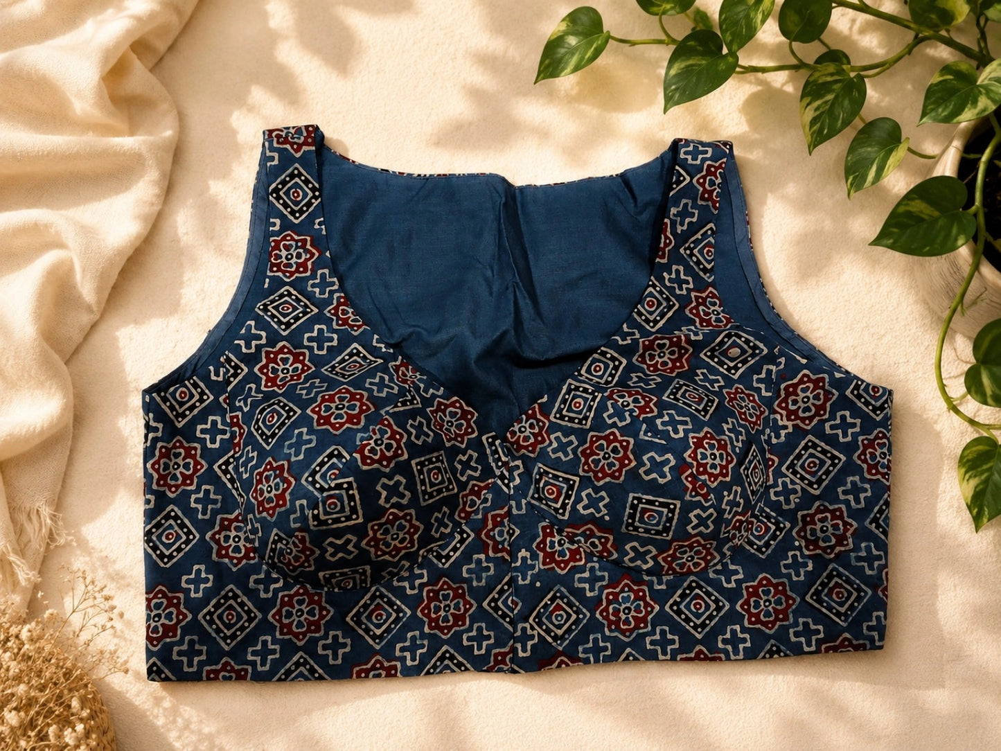 Pure Ajrakh Sleeveless Cotton Blouse Indigo Blue Printed Ethnic Blouse with V-Neck