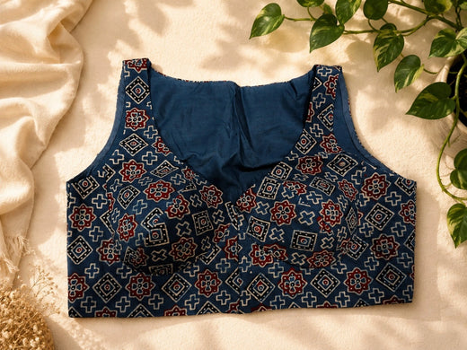 Pure Ajrakh Sleeveless Cotton Blouse Indigo Blue Printed Ethnic Blouse with V-Neck