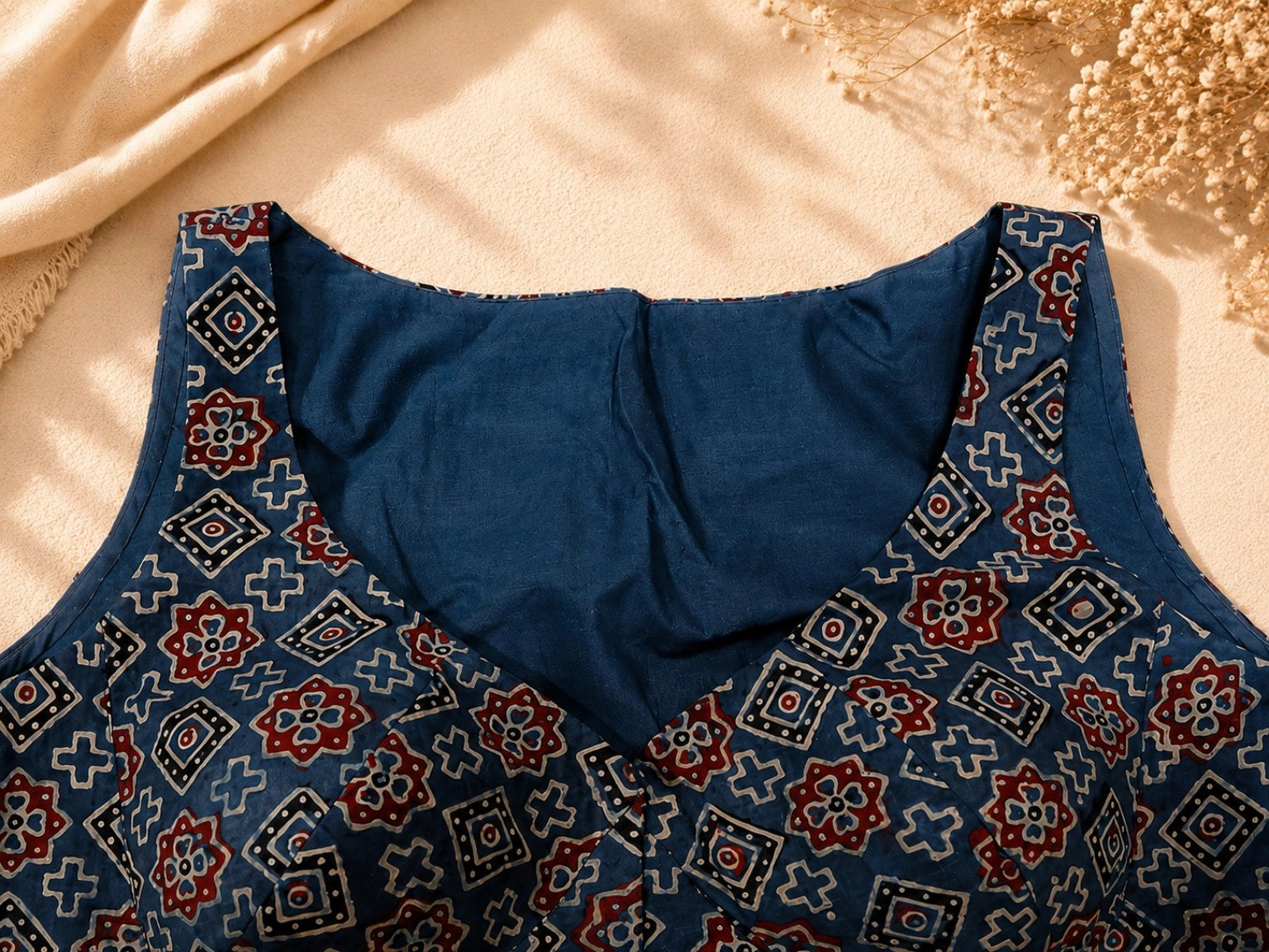 Pure Ajrakh Sleeveless Cotton Blouse Indigo Blue Printed Ethnic Blouse with V-Neck