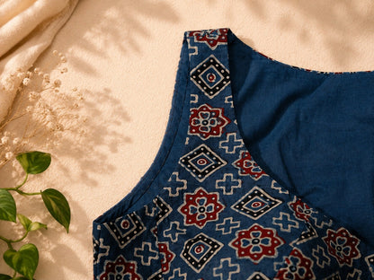 Pure Ajrakh Sleeveless Cotton Blouse Indigo Blue Printed Ethnic Blouse with V-Neck