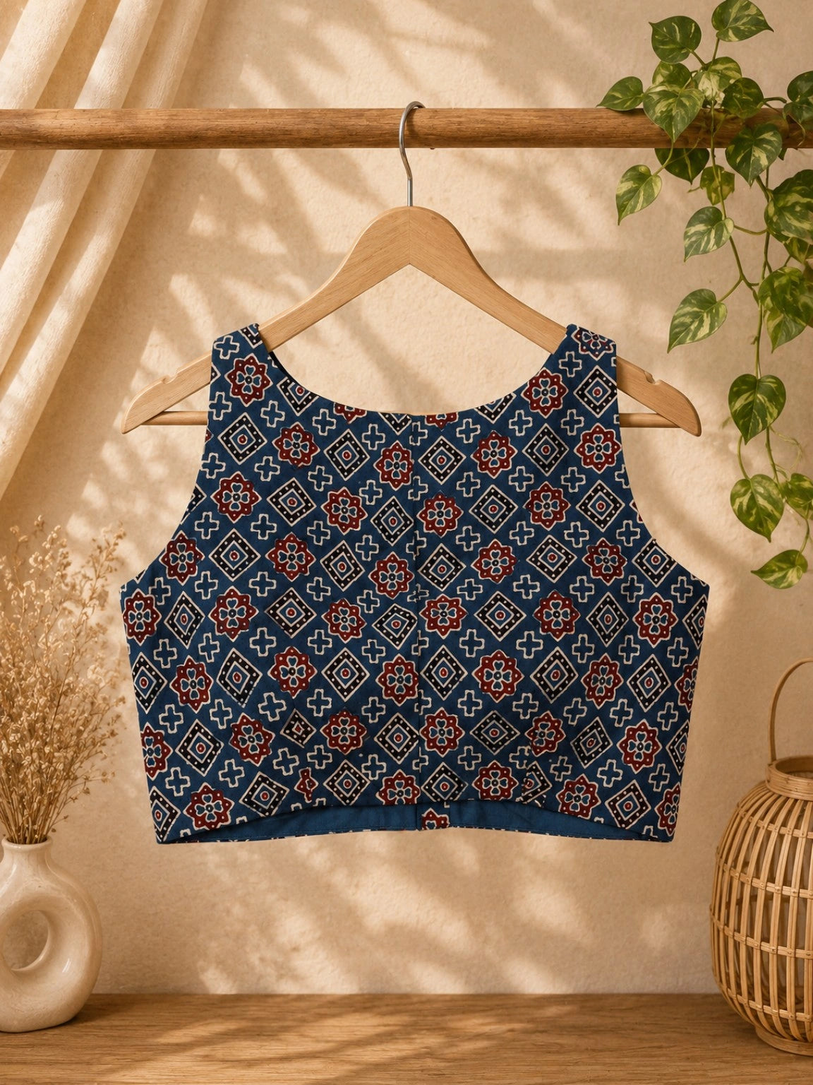 Pure Ajrakh Sleeveless Cotton Blouse Indigo Blue Printed Ethnic Blouse with V-Neck