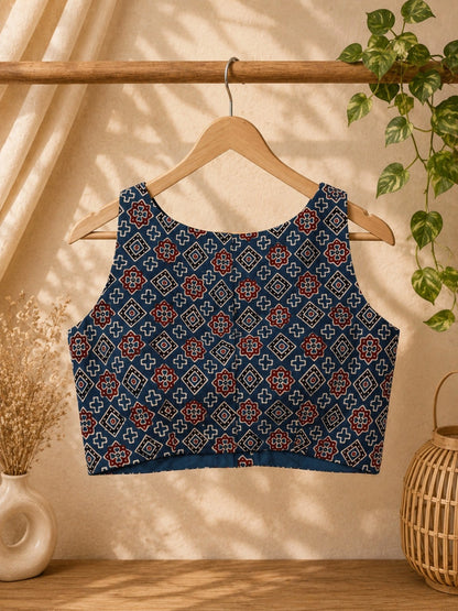 Pure Ajrakh Sleeveless Cotton Blouse Indigo Blue Printed Ethnic Blouse with V-Neck