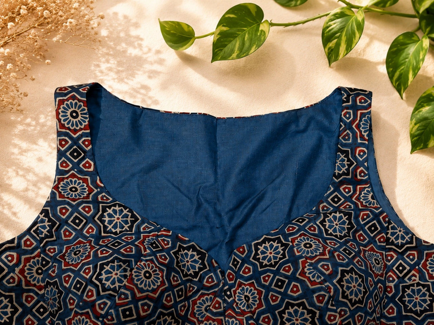 Pure Ajrakh Sleeveless Cotton Blouse Blue Hand Block Print Ethnic Blouse