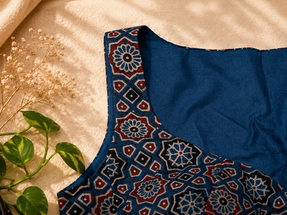 Pure Ajrakh Sleeveless Cotton Blouse Blue Hand Block Print Ethnic Blouse