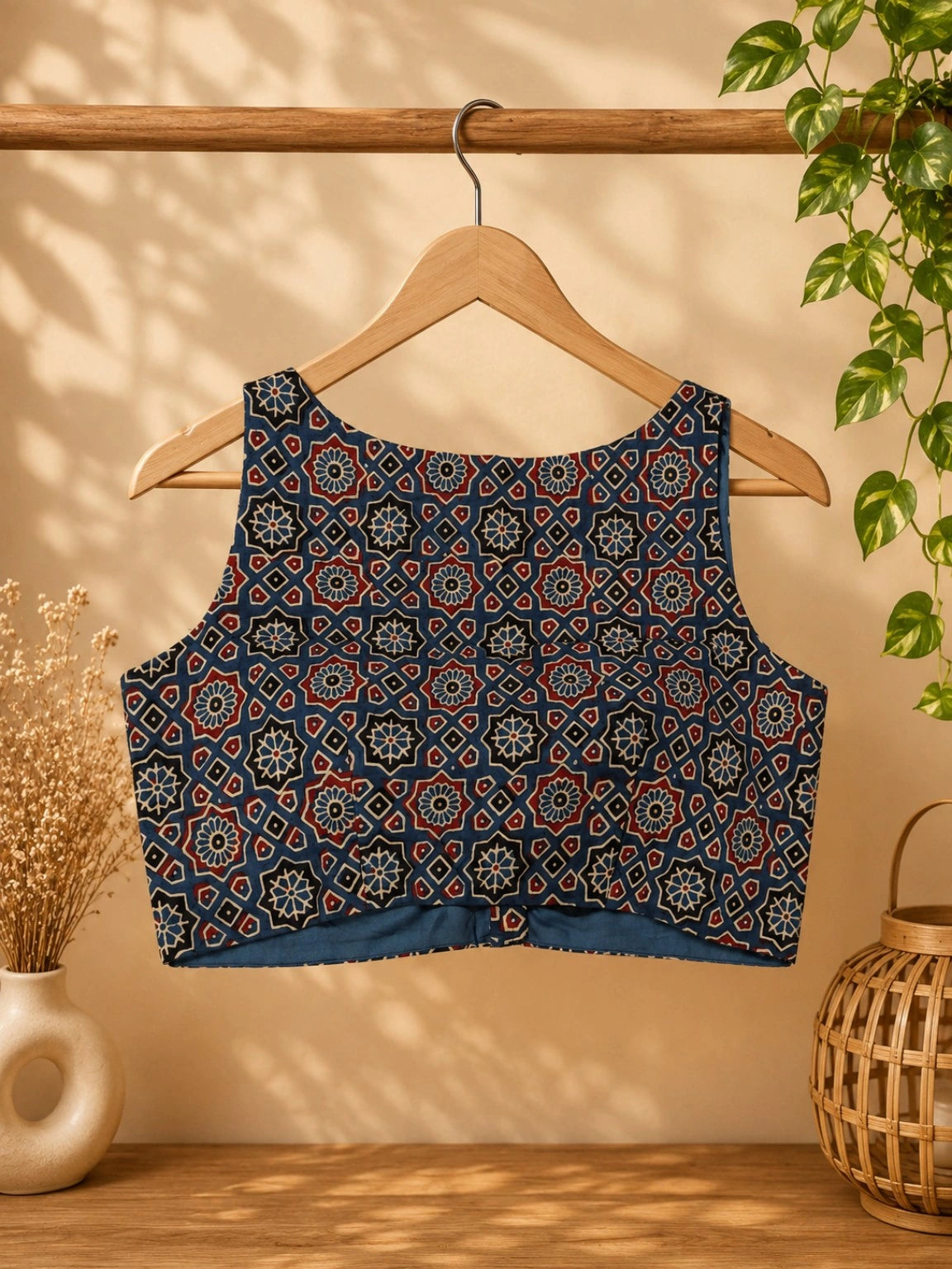 Pure Ajrakh Sleeveless Cotton Blouse Blue Hand Block Print Ethnic Blouse