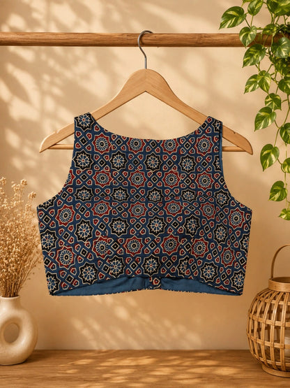 Pure Ajrakh Sleeveless Cotton Blouse Blue Hand Block Print Ethnic Blouse