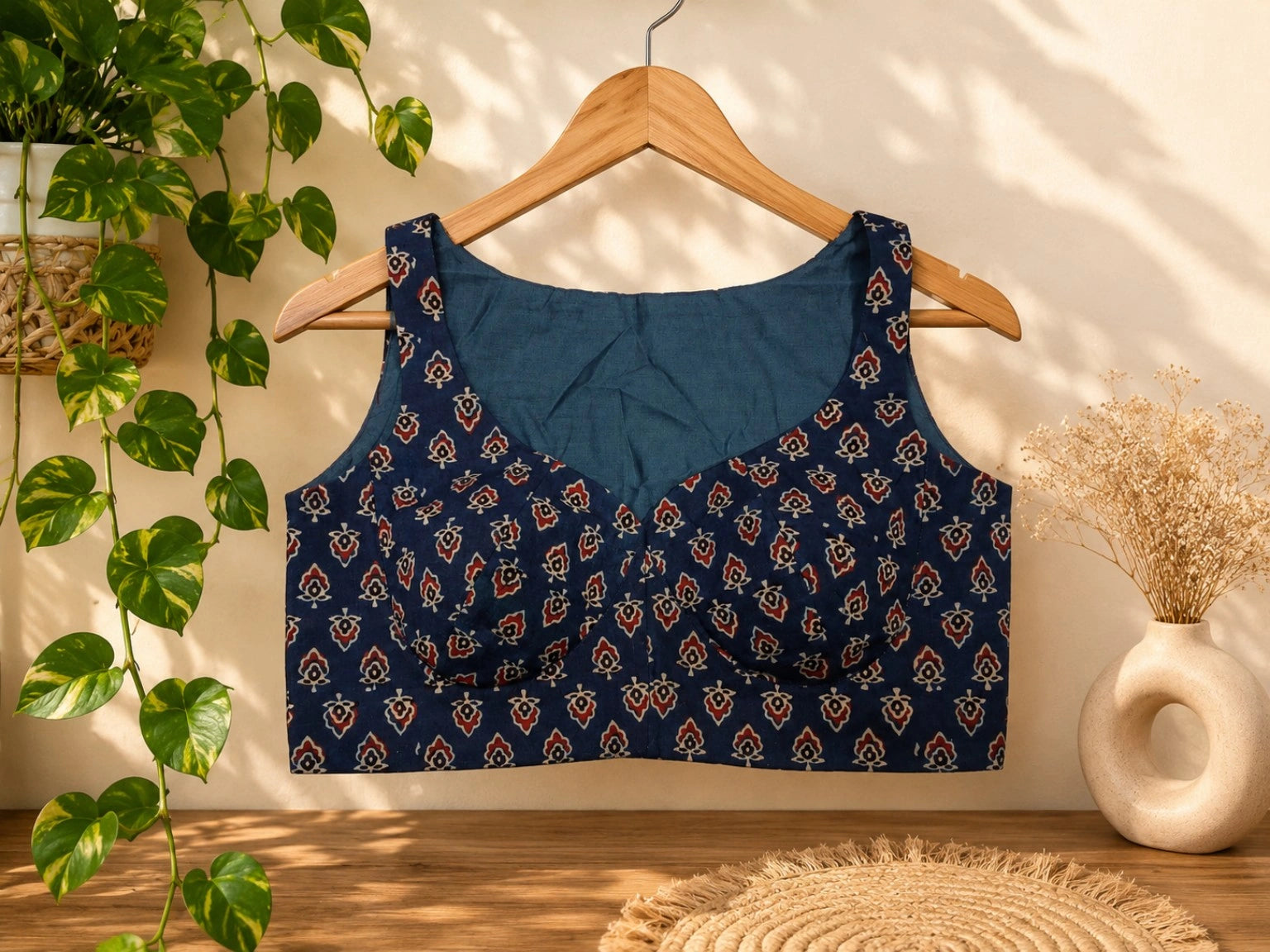 Pure Ajrakh Cotton Sleeveless Blouse Navy Blue Hand Block Print Ethnic Blouse