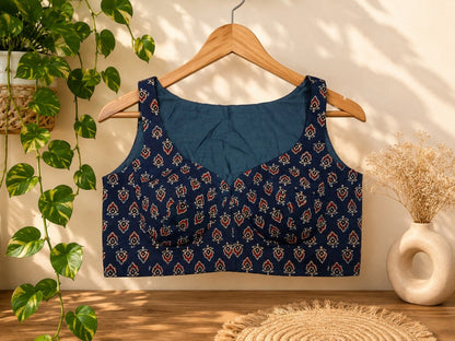 Pure Ajrakh Cotton Sleeveless Blouse Navy Blue Hand Block Print Ethnic Blouse