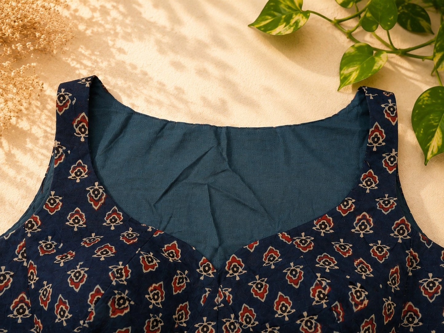 Pure Ajrakh Cotton Sleeveless Blouse Navy Blue Hand Block Print Ethnic Blouse
