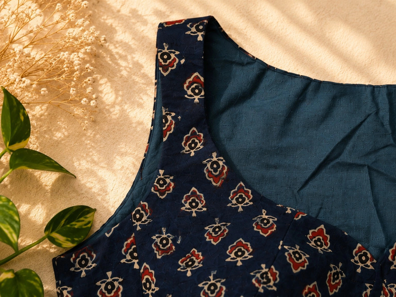 Pure Ajrakh Cotton Sleeveless Blouse Navy Blue Hand Block Print Ethnic Blouse
