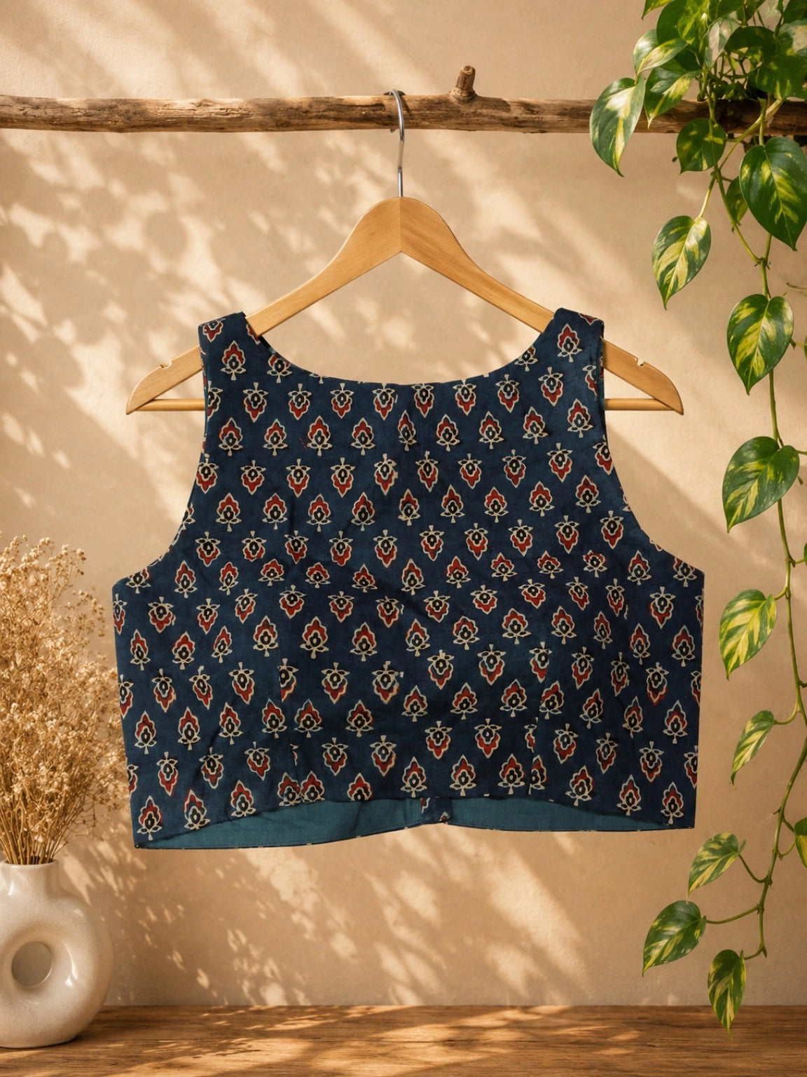 Pure Ajrakh Cotton Sleeveless Blouse Navy Blue Hand Block Print Ethnic Blouse