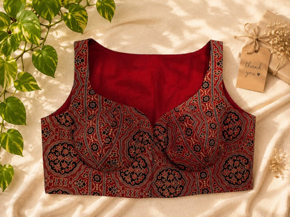 Pure Ajrakh Sleeveless Maroon Cotton Ethnic Printed Designer Blouse