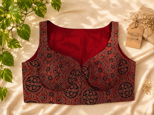 Pure Ajrakh Sleeveless Maroon Cotton Ethnic Printed Designer Blouse
