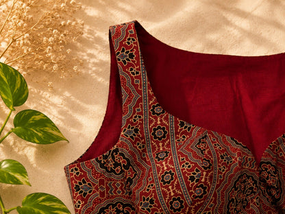 Pure Ajrakh Sleeveless Maroon Cotton Ethnic Printed Designer Blouse