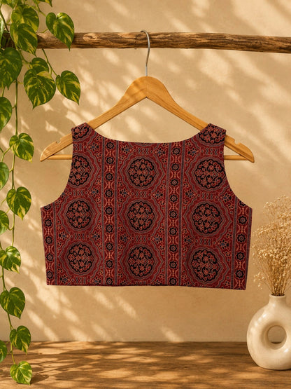 Pure Ajrakh Sleeveless Maroon Cotton Ethnic Printed Designer Blouse
