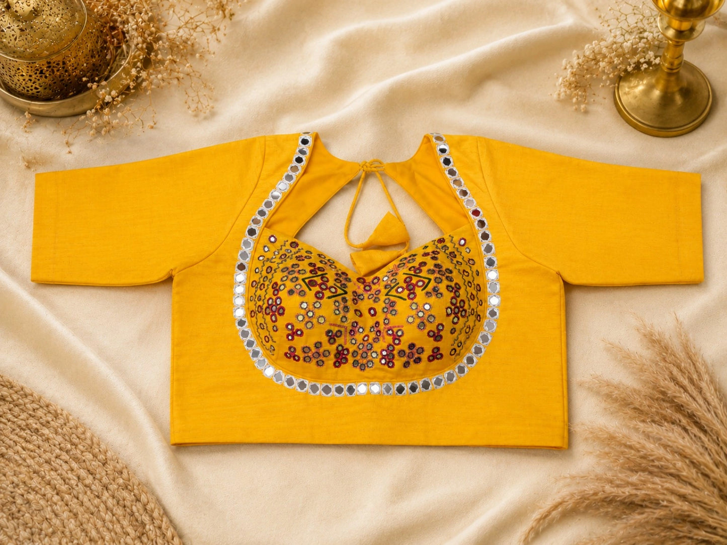 Mustard Yellow Pure Cotton Hand Work Mirror Embroidered Glass Sleeves Blouse