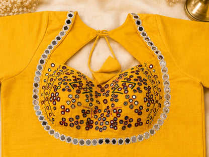Mustard Yellow Pure Cotton Hand Work Mirror Embroidered Glass Sleeves Blouse