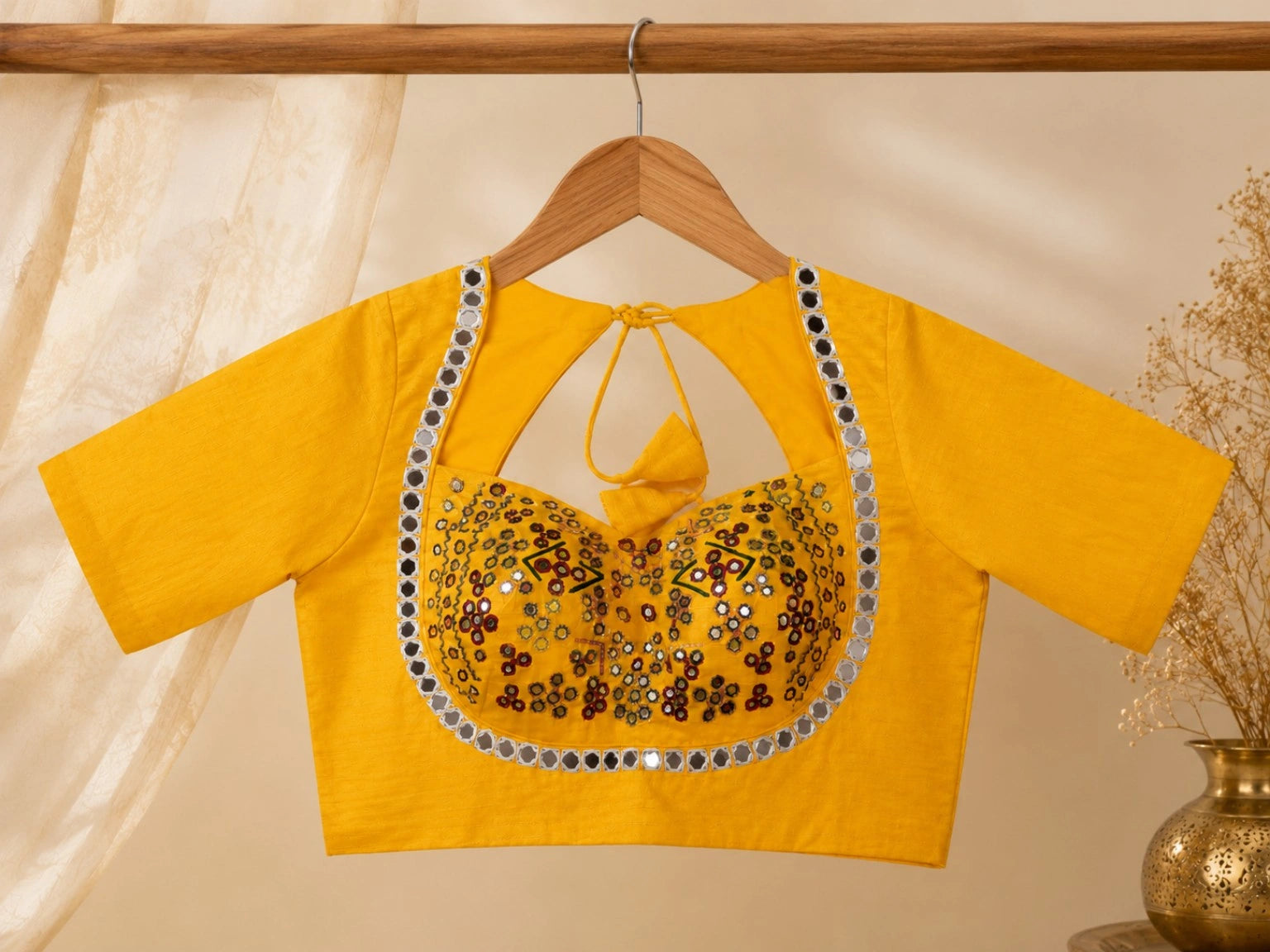 Mustard Yellow Pure Cotton Hand Work Mirror Embroidered Glass Sleeves Blouse