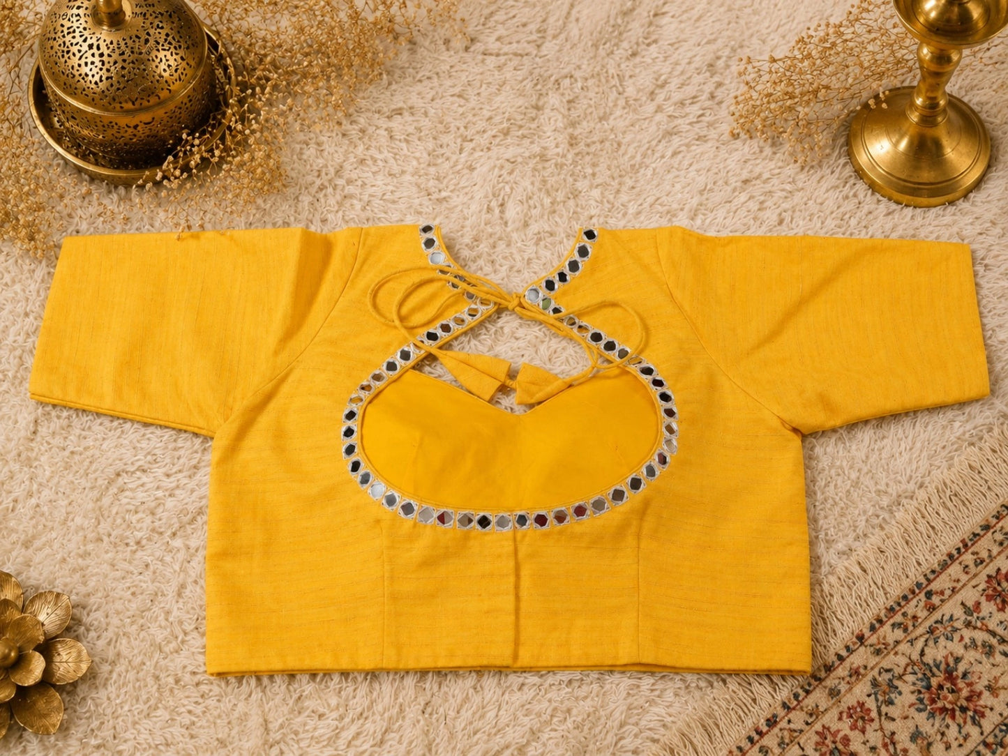 Mustard Yellow Pure Cotton Hand Work Mirror Embroidered Glass Sleeves Blouse