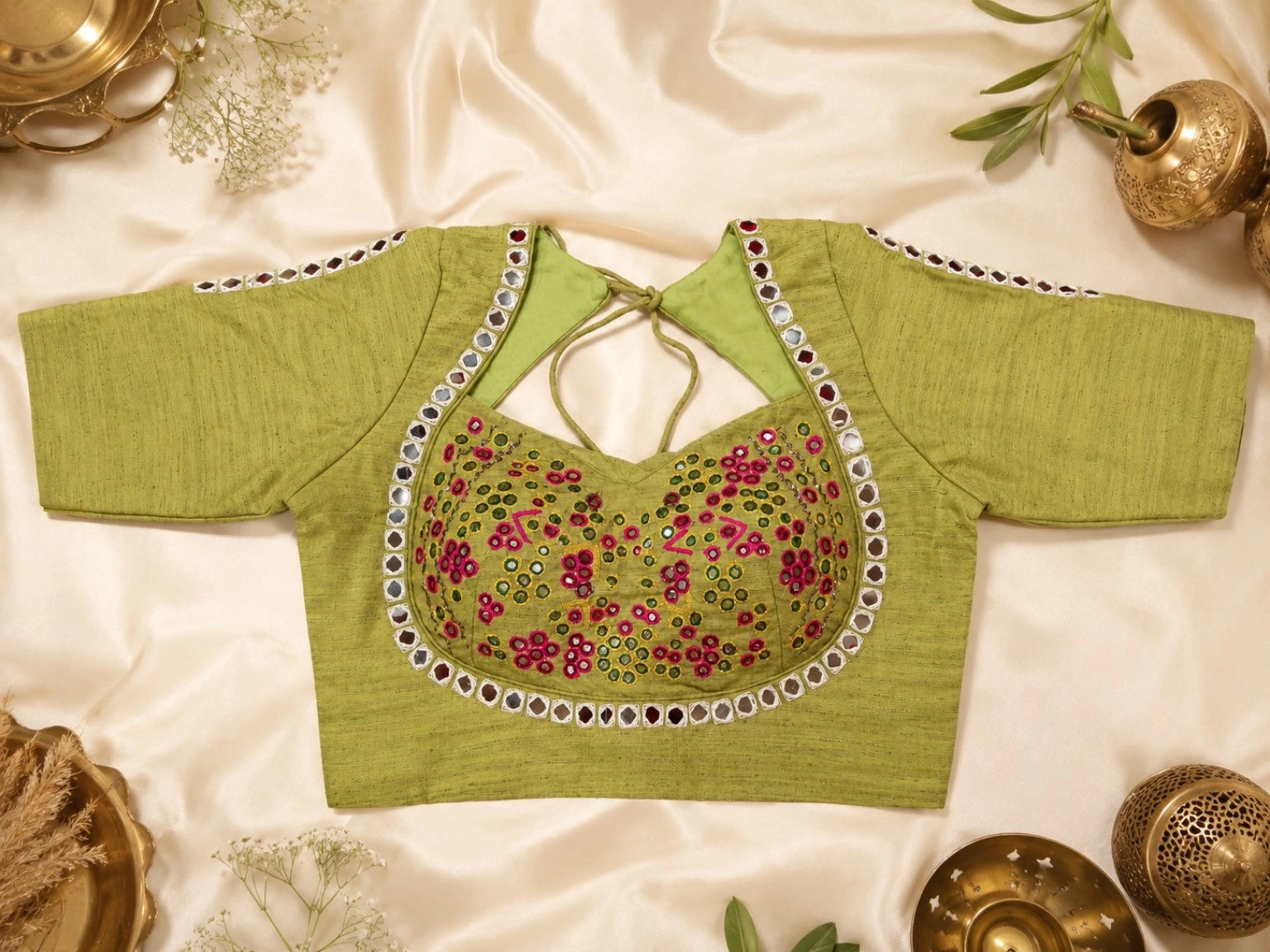 Olive Green Pure Cotton Hand Work Mirror Embroidered Glass Sleeves Blouse 34F Festive Wear