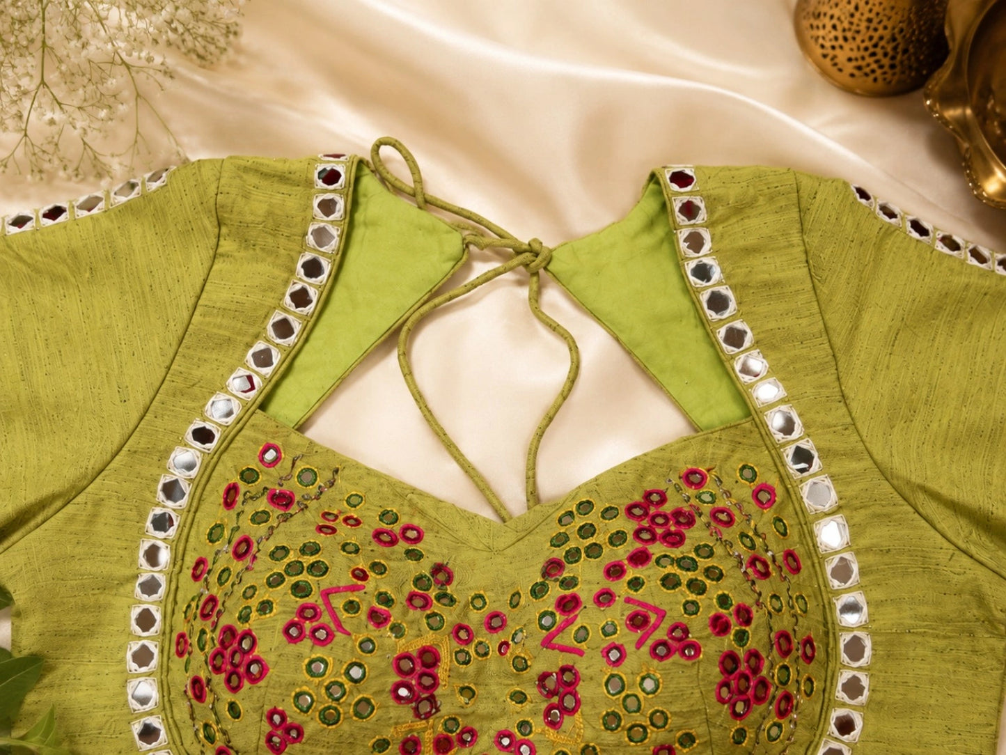 Olive Green Pure Cotton Hand Work Mirror Embroidered Glass Sleeves Blouse 34F Festive Wear