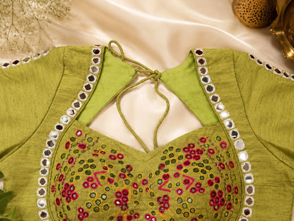 Olive Green Pure Cotton Hand Work Mirror Embroidered Glass Sleeves Blouse 34F Festive Wear