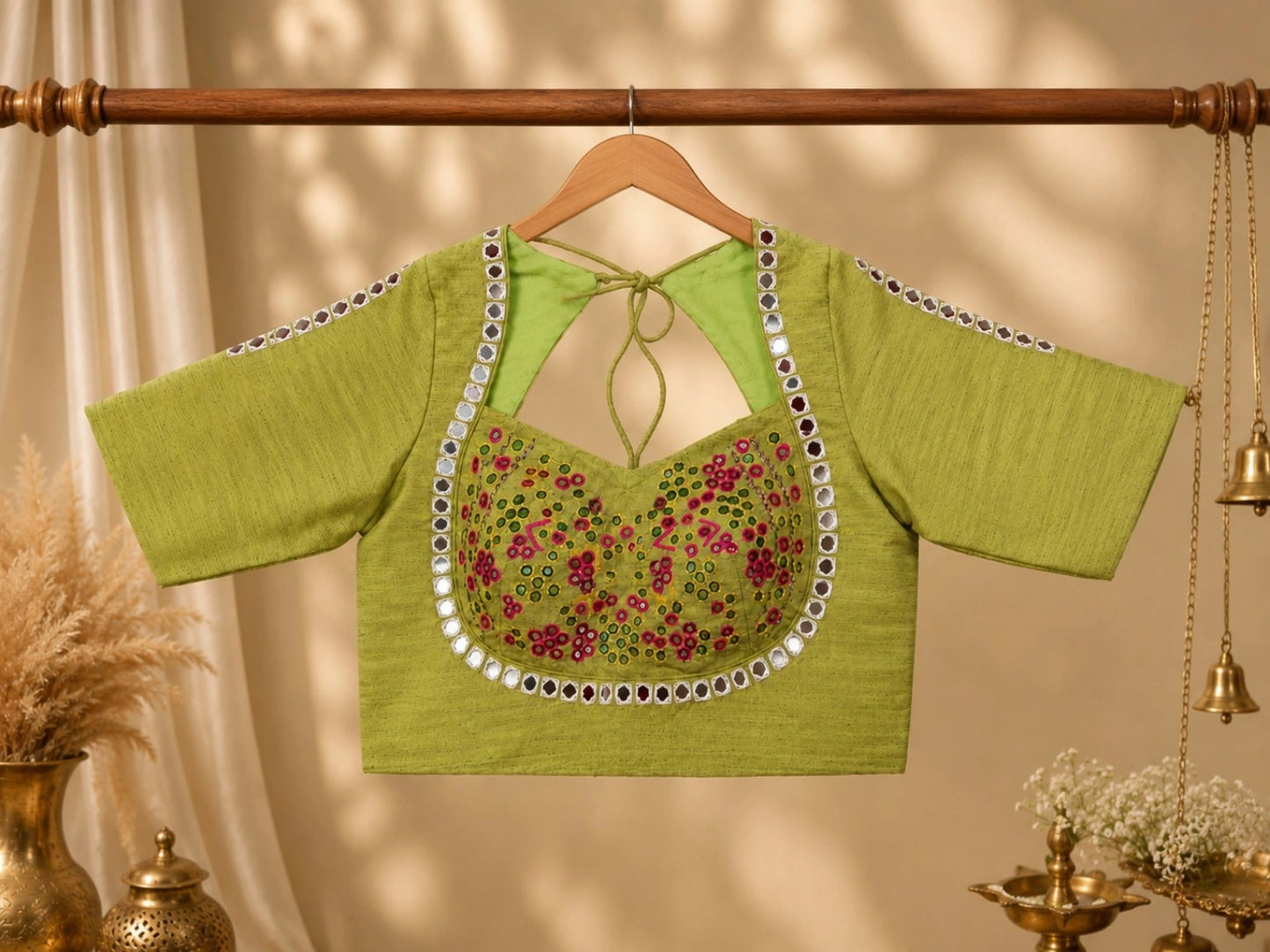 Olive Green Pure Cotton Hand Work Mirror Embroidered Glass Sleeves Blouse 34F Festive Wear