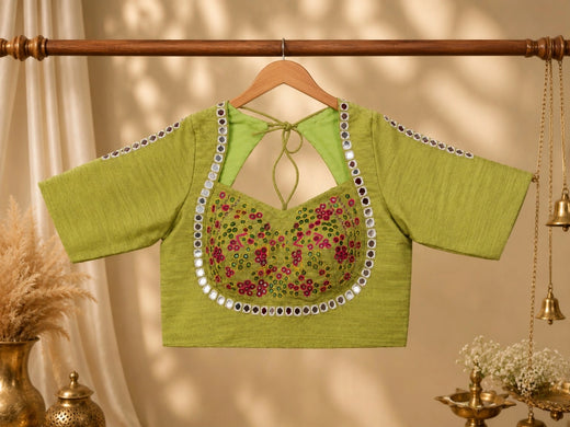 Olive Green Pure Cotton Hand Work Mirror Embroidered Glass Sleeves Blouse 34F Festive Wear