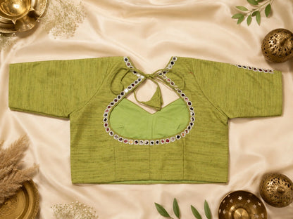 Olive Green Pure Cotton Hand Work Mirror Embroidered Glass Sleeves Blouse 34F Festive Wear
