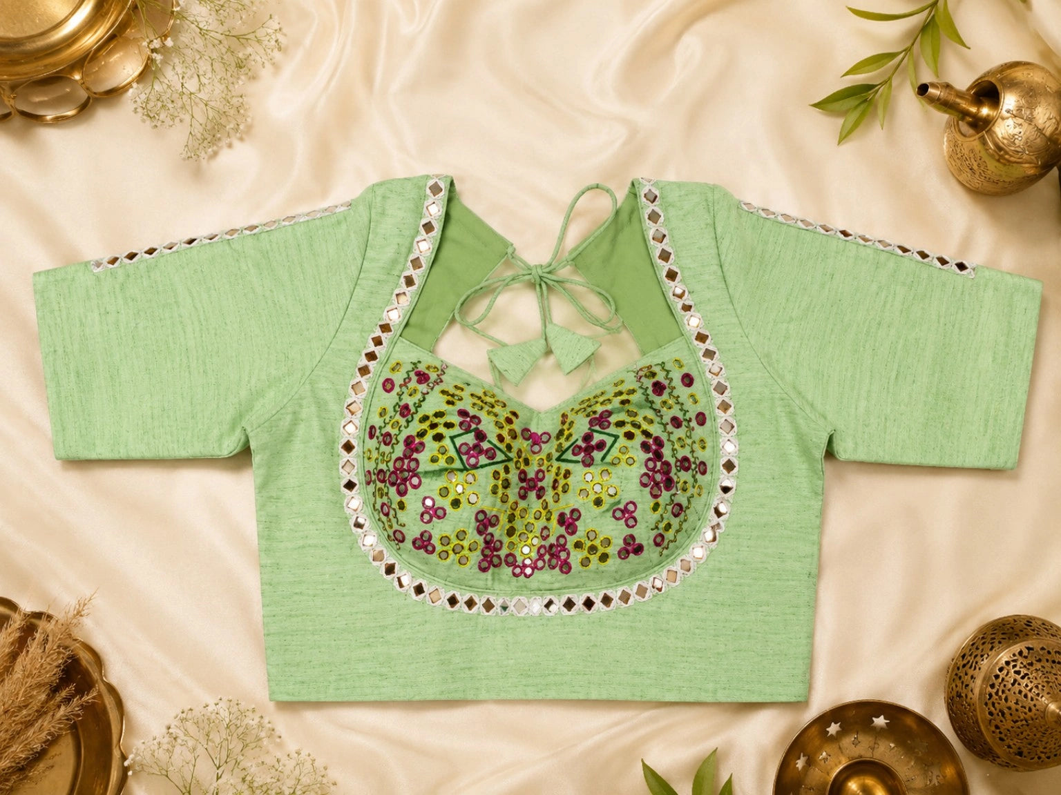 Mint Green Pure Cotton Hand Work Mirror Embroidered Glass Sleeves Blouse