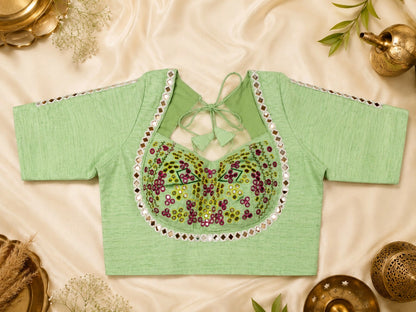 Mint Green Pure Cotton Hand Work Mirror Embroidered Glass Sleeves Blouse